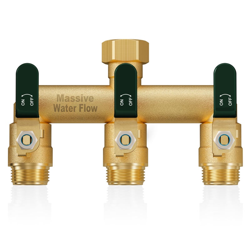 LNEZCDB 3 Way Hose Splitter, Heavy Duty Full Flow Garden Water Hose Bib Spigot Splitter, Brass Rust and Freeze Resistant Outdoor Faucet Splitter, T Adapter Connector with 3/4 - Inch GHT Thread ï¼ˆGreenï¼‰ - Image 1