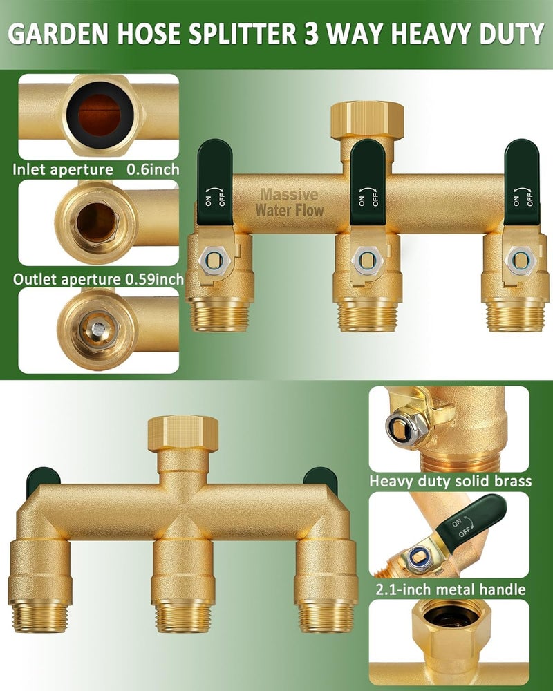 LNEZCDB 3 Way Hose Splitter, Heavy Duty Full Flow Garden Water Hose Bib Spigot Splitter, Brass Rust and Freeze Resistant Outdoor Faucet Splitter, T Adapter Connector with 3/4 - Inch GHT Thread ï¼ˆGreenï¼‰ - Image 4