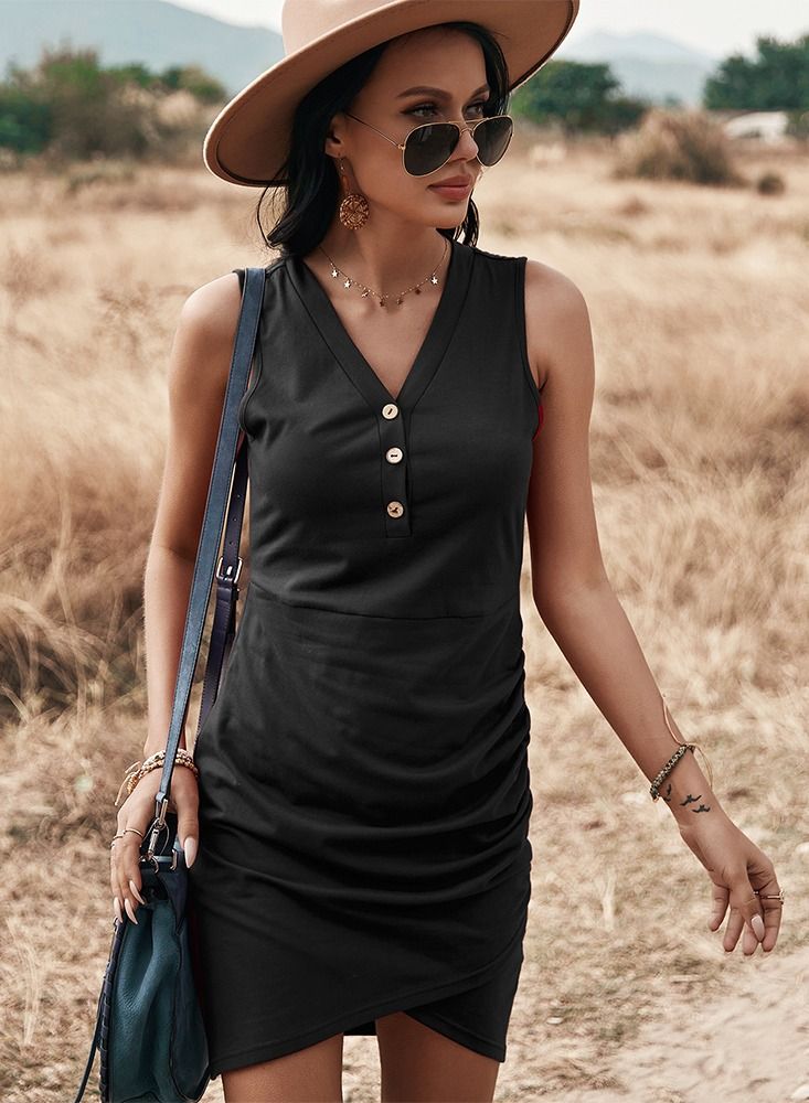 Loquat Spring And Summer Vest Solid Color Dress Shrink Waist Show Thin Black - Image 1