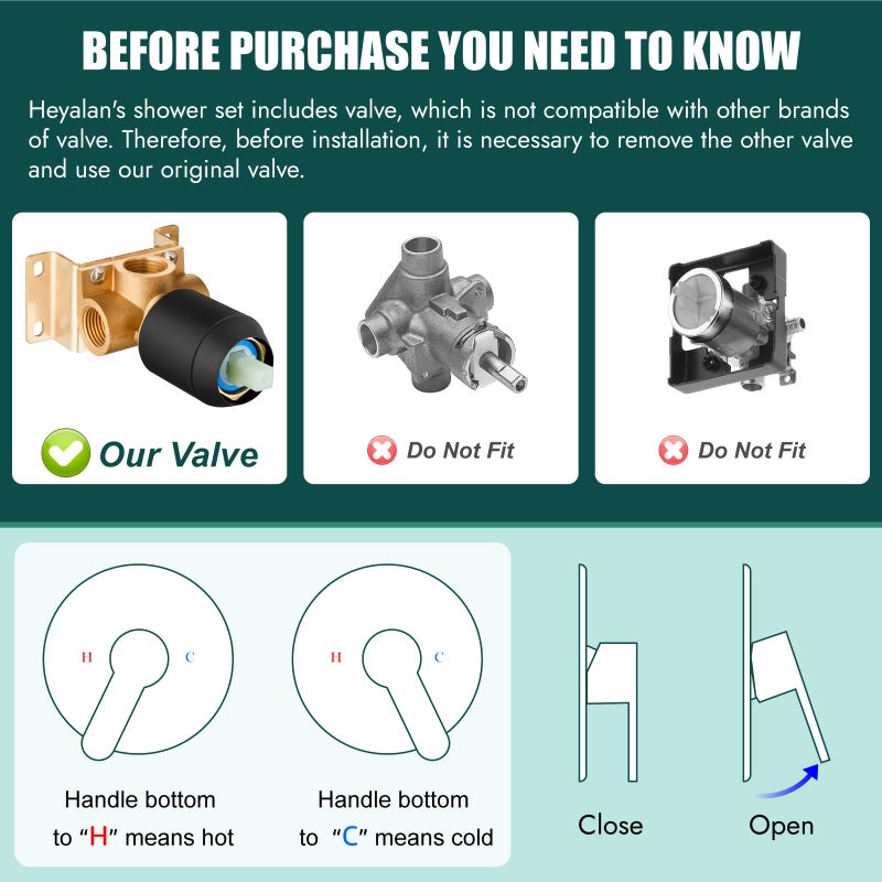 Heyalan Shower Head And Handle Set Round Shower Faucet Set Bathroom Rainfall Shower System Stainless Steel Showerhead Single Function Shower Trim Kit Female Thread Valve Matte Black - Image 2