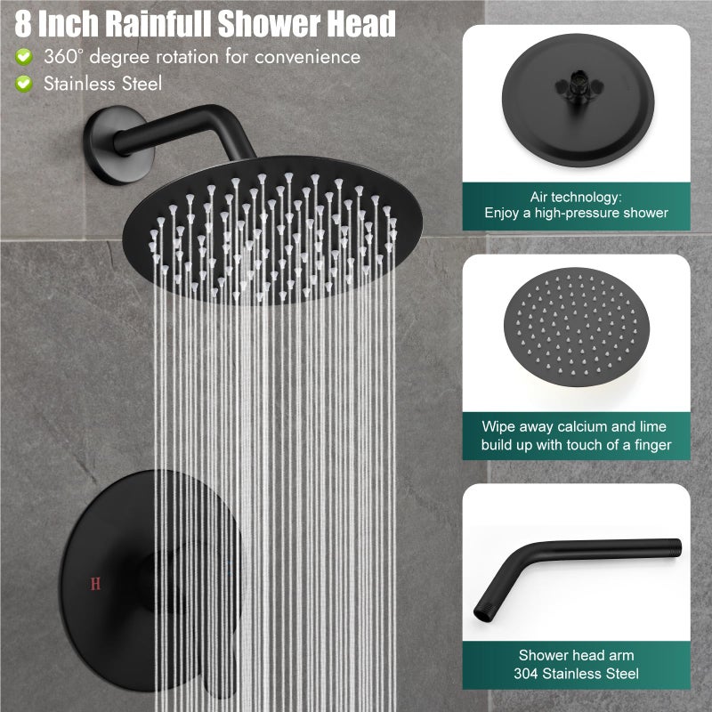 Heyalan Shower Head And Handle Set Round Shower Faucet Set Bathroom Rainfall Shower System Stainless Steel Showerhead Single Function Shower Trim Kit Female Thread Valve Matte Black - Image 5
