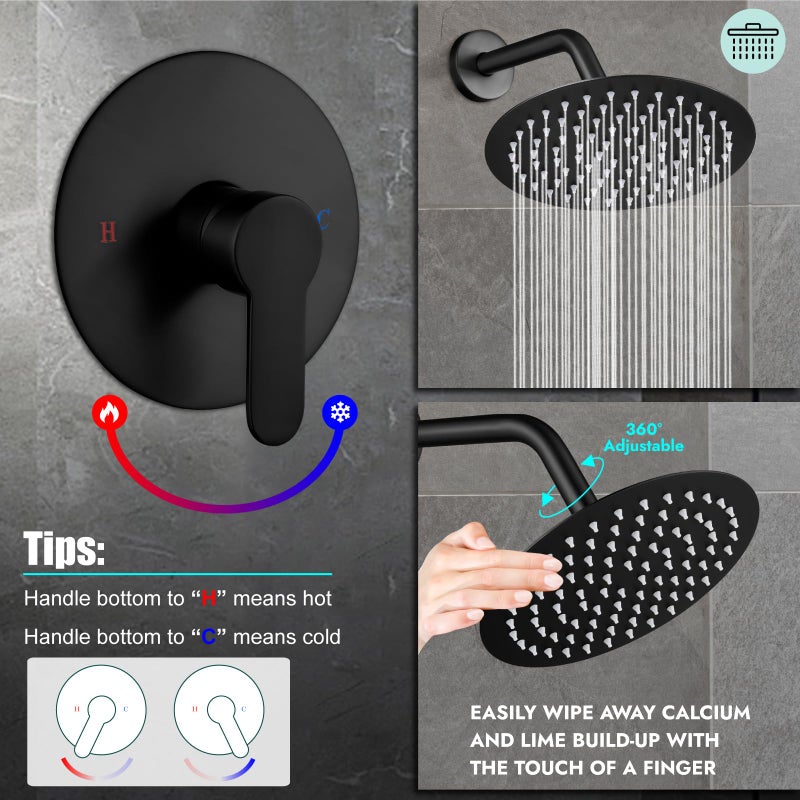 Heyalan Shower Head And Handle Set Round Shower Faucet Set Bathroom Rainfall Shower System Stainless Steel Showerhead Single Function Shower Trim Kit Female Thread Valve Matte Black - Image 4