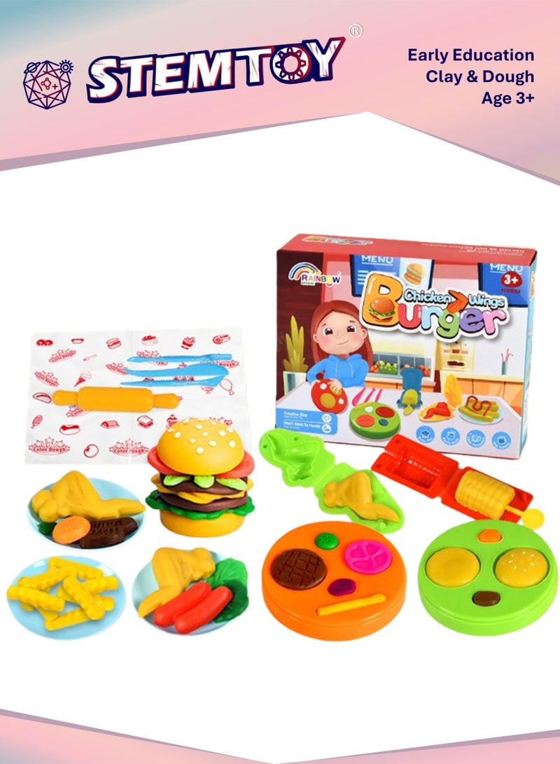 STEMTOY DIY Playdough Set Play Dough Tools Burger & Chicken Wings Play Set Kitchen Pretend Play Shop Pretend Play with 23 Pcs Play Dough Accessories and 10 Colors of Dough, Role-Playing Toy for Kids Girls Boys Ages 3+ Family Birthday Gifts - Image 1