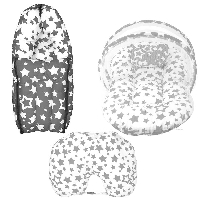 Kid's Charm Kid's Charm Star-Multi 3 PCS Combo Set |3 in 1 Baby's Cotton Bed Cum Carry Bed|5 in 1 Baby's Cotton Breast Feeding Pillow with Safety Belt|2 in 1 Baby's Cotton with Mosquito Net for 4-8 Months (Grey) - Image 1