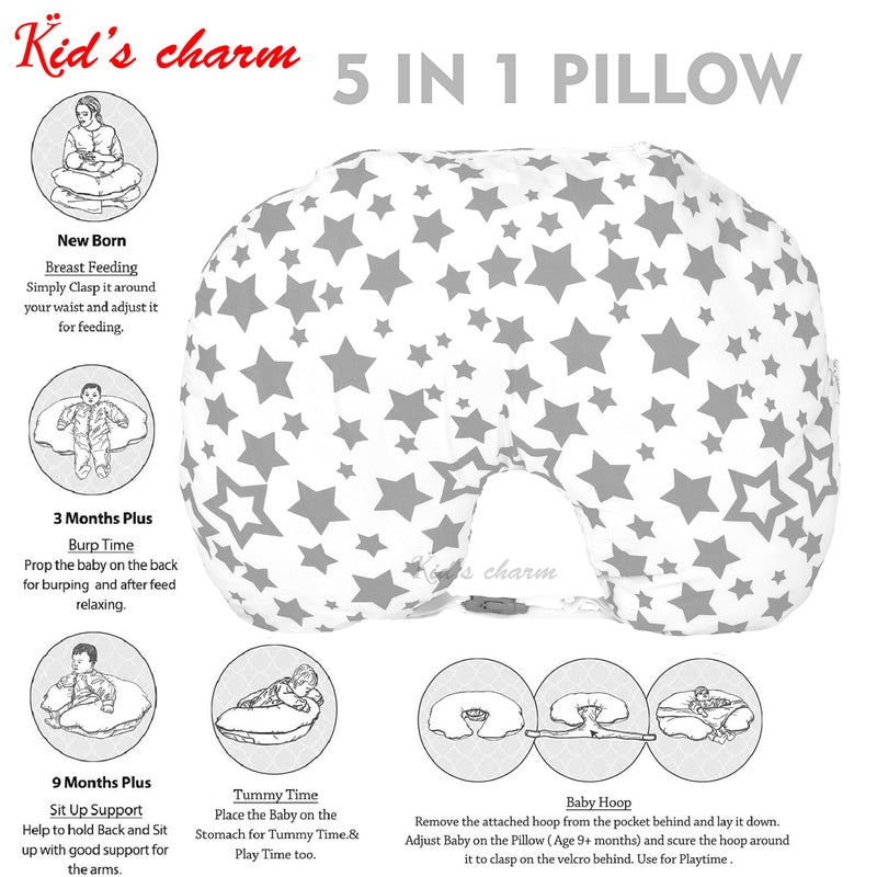 Kid's Charm Kid's Charm Star-Multi 3 PCS Combo Set |3 in 1 Baby's Cotton Bed Cum Carry Bed|5 in 1 Baby's Cotton Breast Feeding Pillow with Safety Belt|2 in 1 Baby's Cotton with Mosquito Net for 4-8 Months (Grey) - Image 4