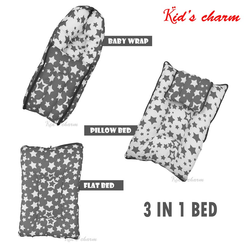 Kid's Charm Kid's Charm Star-Multi 3 PCS Combo Set |3 in 1 Baby's Cotton Bed Cum Carry Bed|5 in 1 Baby's Cotton Breast Feeding Pillow with Safety Belt|2 in 1 Baby's Cotton with Mosquito Net for 4-8 Months (Grey) - Image 2