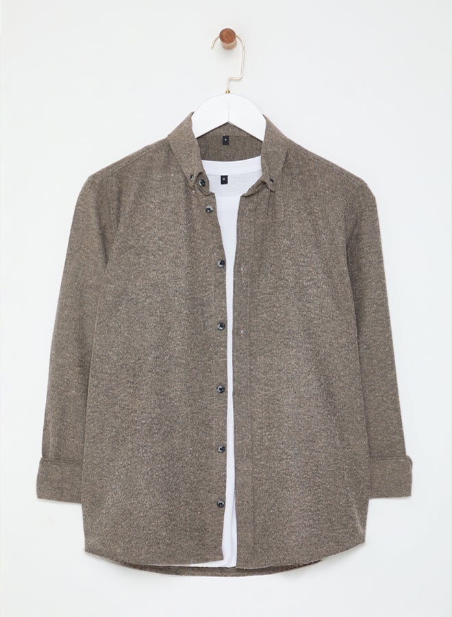 trendyol Beige Slim Fit Button Collar Winter Shirt - Image 1