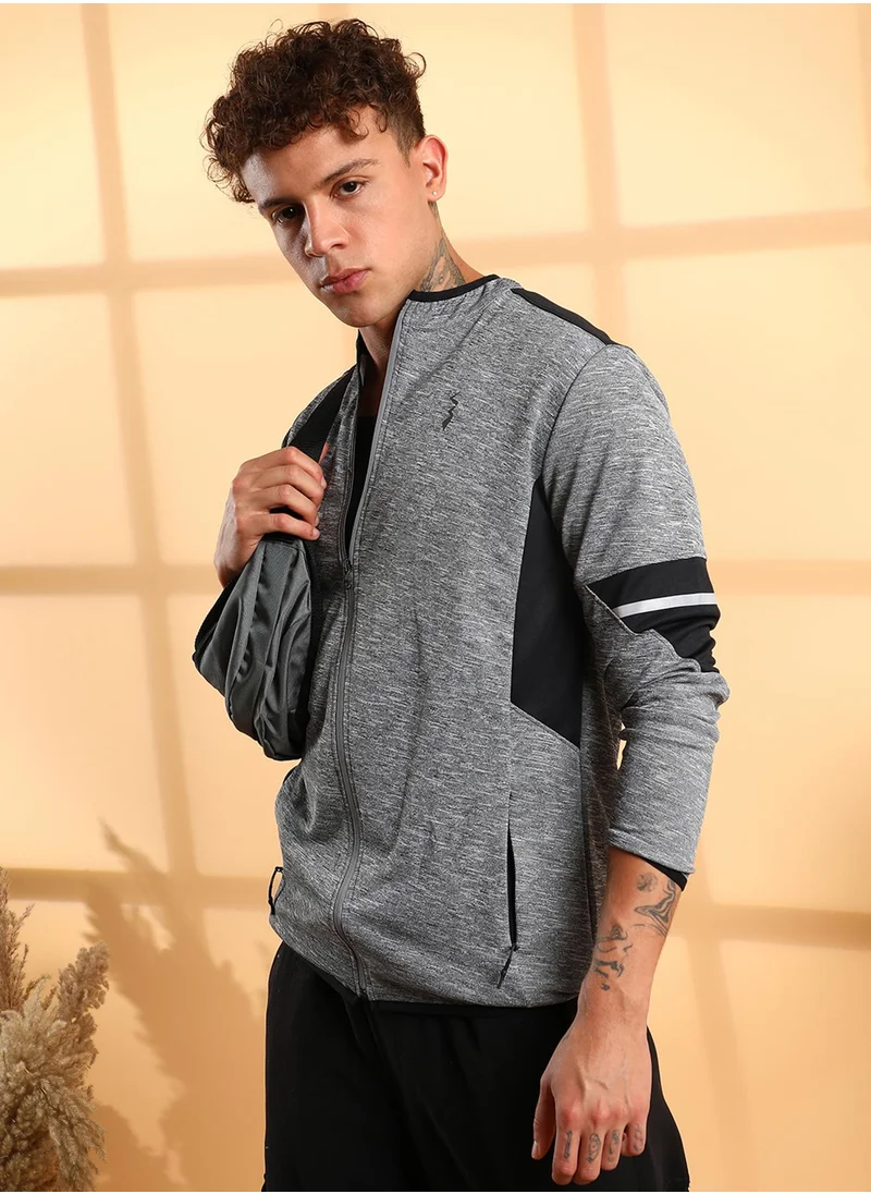Campus Sutra Men's Grey Heathered Activewear Jacket With Contrast Detail