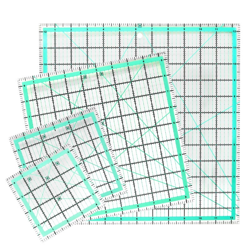 MANUFORE 4pcs Square Quilting Ruler Set (12.5”/ 9.5”/ 6”/ 4.5”) Acrylic Anti-Slip Metric Ruler with Clear Printed Lines for Precise Cutting - Image 1