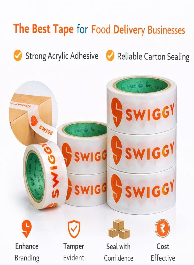 PackSmith Swiggy food packaging tape | Very strong adhesive tape | Suitable for e-commerce | Packaging material for small food business | (48 mm/2 inch X 65meter) (Pack of 6) - Image 5