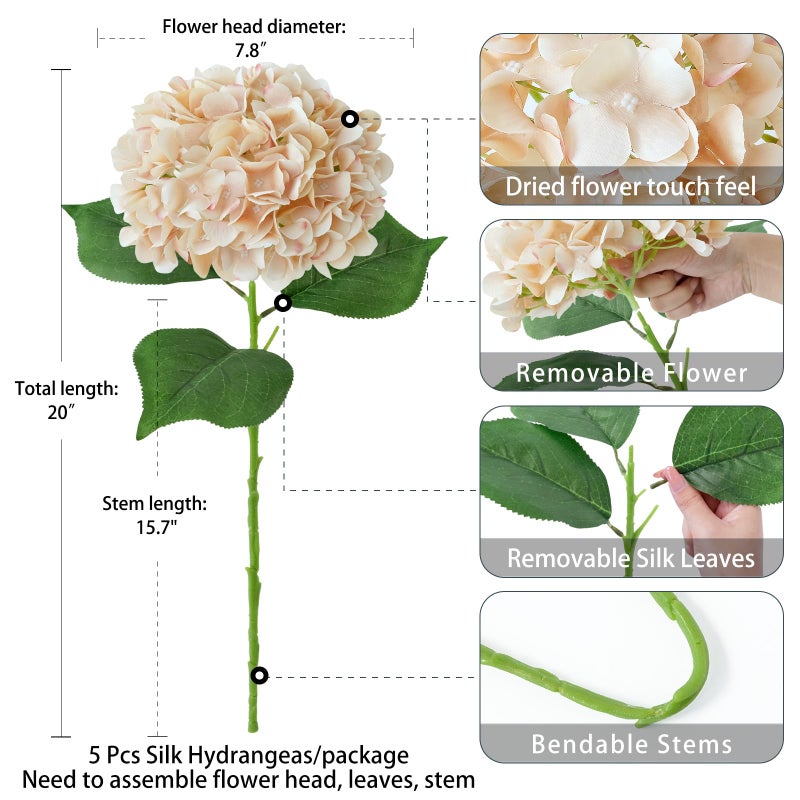 ZYTUYO 5 Pcs Light Coffee Silk Hydrangeas Artificial Flower Boho 20'' Faux Hydrangeas for Fall Indoor Home Decor Spring Kitchen Living Room Outdoor Porch Wedding Flower Arrangement - Image 4