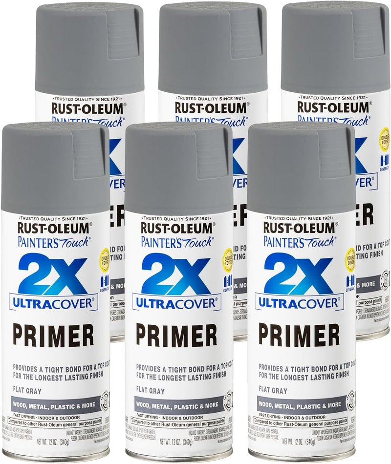 Rust-Oleum 334017-6PK Painter's Touch 2X Ultra Cover Spray Primer, 12 oz, Flat Gray, 6 Pack - Image 1