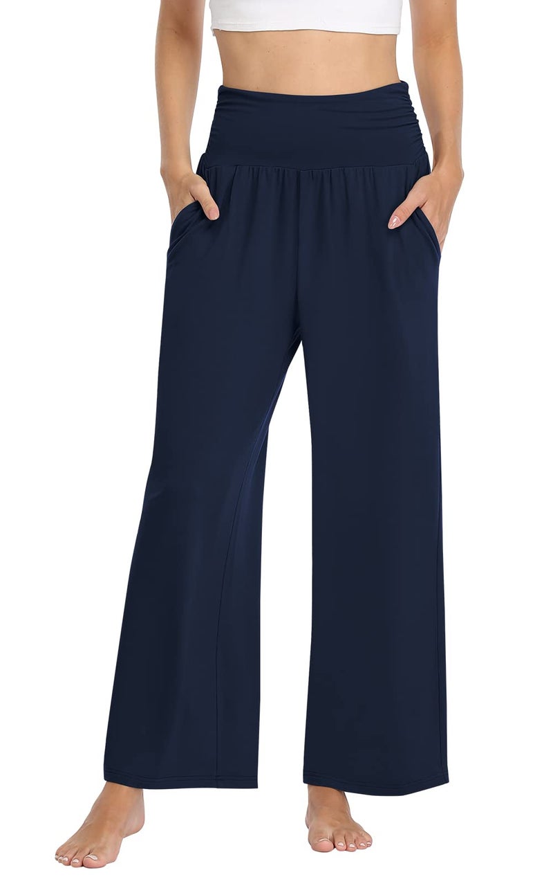 TARSE Wide Leg Pants for Women Plus Size High Waist Yoga Sweatpants Loose Lounge Pajama Palazzo Pants Pockets(Navy,XXL) - Image 1