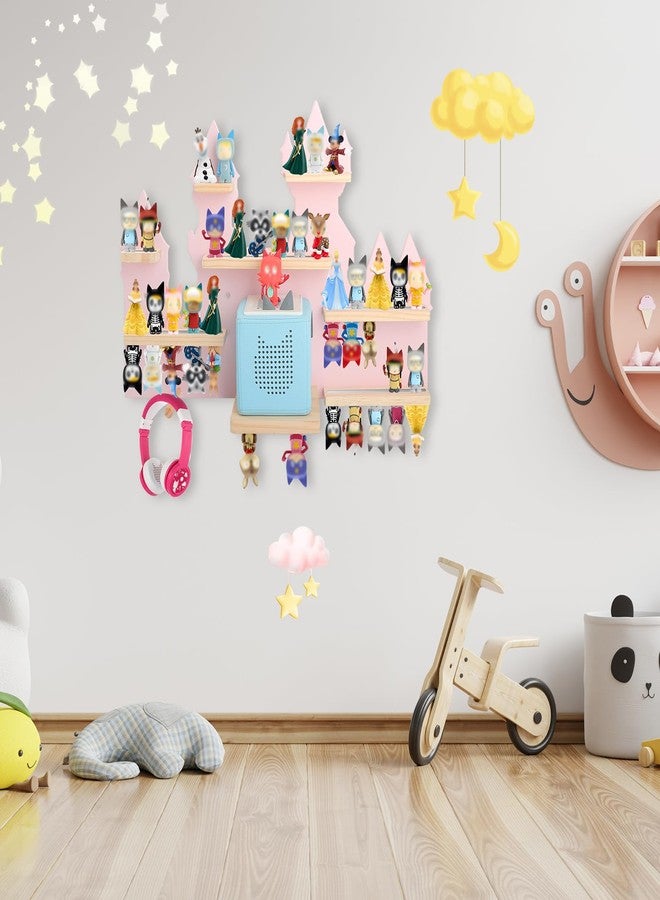 Taladad for Toniebox 2 and Toniebox 1 Tonie Shelf Wall Mounted Set,Tonies Figures Tonies Storage,Magnetic Wooden Floating Shelves Compatible with Tonie box Player Character for Children Room (pink-castles) - Image 5