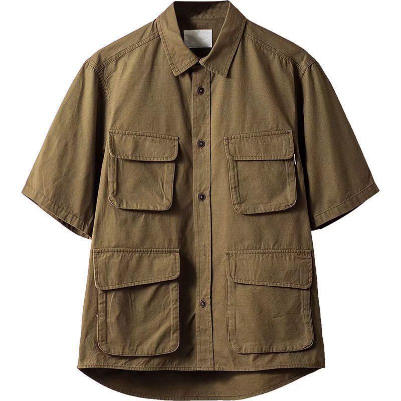 American Retro Work Shirt Khaki Short-sleeved Shirt Multi-pocket Summer Shirt Trendy Brand Mens Wear Khaki 