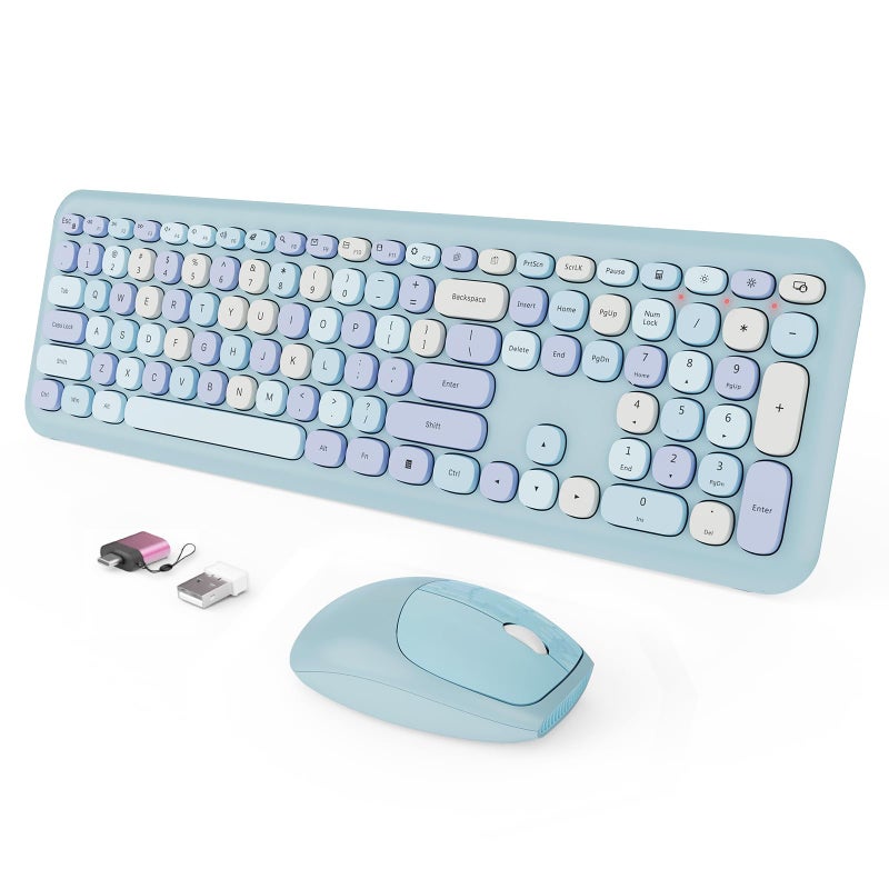 SkyGive Wireless Keyboard and Mouse Combo, Colorful Ergonomic Full Size Retro Low-Noise Keyboard with Cute keycaps, Compatible with Windows, PC, Perfer for Home and Office Keyboards (Blue) - Image 1