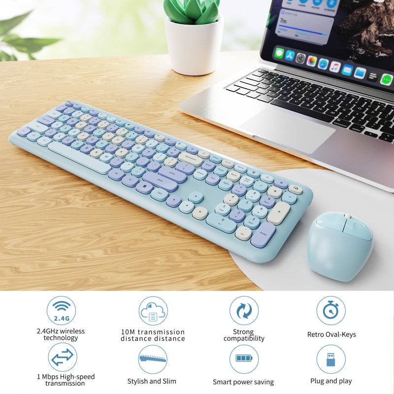 SkyGive Wireless Keyboard and Mouse Combo, Colorful Ergonomic Full Size Retro Low-Noise Keyboard with Cute keycaps, Compatible with Windows, PC, Perfer for Home and Office Keyboards (Blue) - Image 2