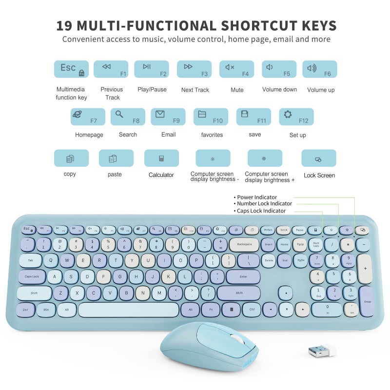 SkyGive Wireless Keyboard and Mouse Combo, Colorful Ergonomic Full Size Retro Low-Noise Keyboard with Cute keycaps, Compatible with Windows, PC, Perfer for Home and Office Keyboards (Blue) - Image 3