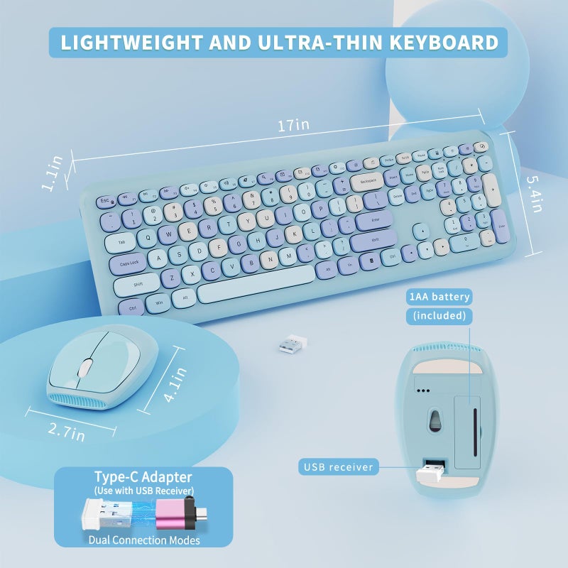 SkyGive Wireless Keyboard and Mouse Combo, Colorful Ergonomic Full Size Retro Low-Noise Keyboard with Cute keycaps, Compatible with Windows, PC, Perfer for Home and Office Keyboards (Blue) - Image 4