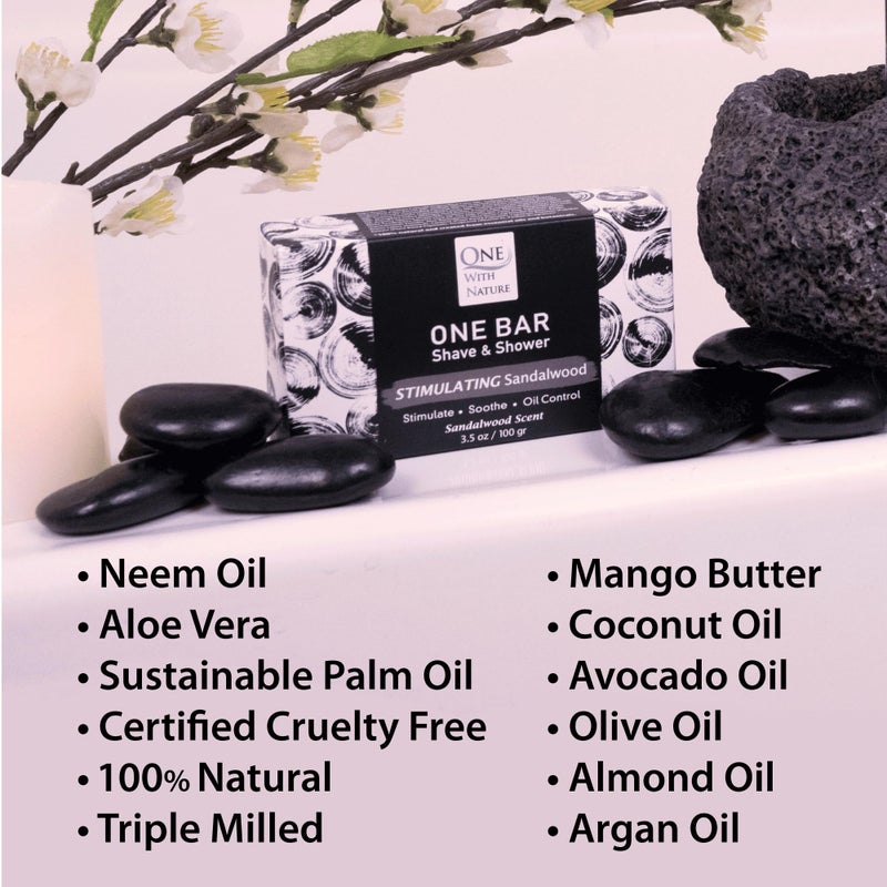 ONE WITH NATURE ONE Bar Stimulating Sandalwood 3.5 oz 3 Pack - All in One Shave, Shower, Shampoo for face, beard, body, hair/scalp. SuperFAT â€œoilâ€ Infused: Avocado, Mango, Olive, Coconut, Argan Oil, Moisturizing. - Image 3
