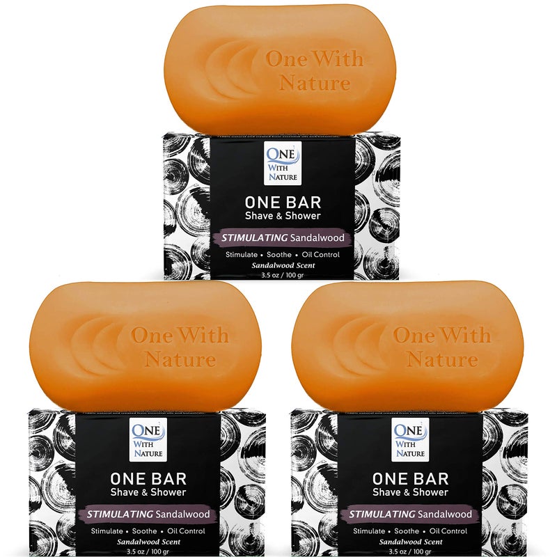 ONE WITH NATURE ONE Bar Stimulating Sandalwood 3.5 oz 3 Pack - All in One Shave, Shower, Shampoo for face, beard, body, hair/scalp. SuperFAT â€œoilâ€ Infused: Avocado, Mango, Olive, Coconut, Argan Oil, Moisturizing. - Image 1