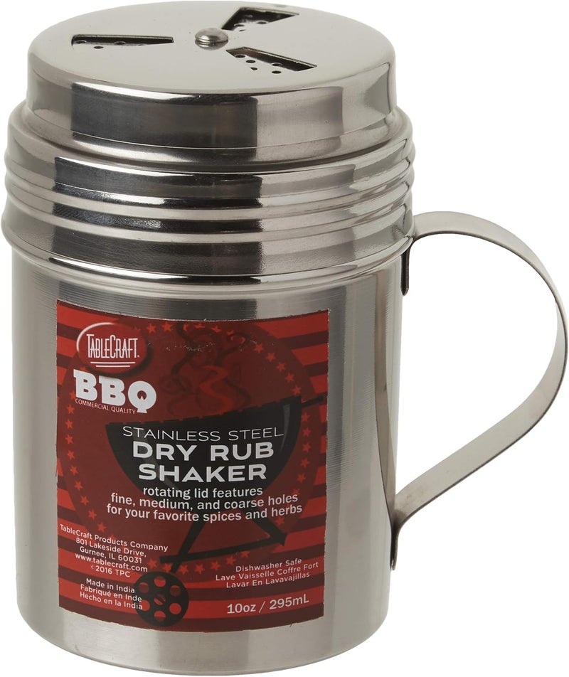 Tablecraft , 10 oz, Silver Stainless Steel Dry Rub Shaker with Handle, 10-Ounce - Image 1
