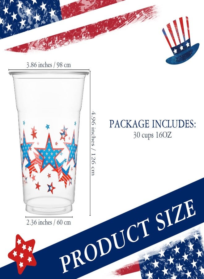 Meanplan 16 Oz Clear Disposable Plastic Cups Cold Party Drinking Cups Printed Plastic Cups Red White Blue Cups Fourth of July Disposable Cups (Classic Pattern,30 Counts) - Image 2