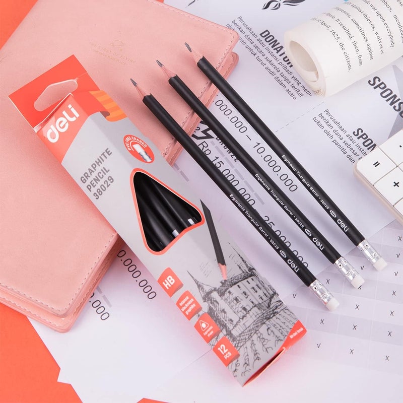 Deli Hb Graphite Pencil 12-Pieces, Black - Image 3