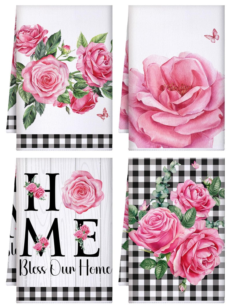 Bencailor 4 Pcs Pink Rose Kitchen Towels Flower Floral Hand Dish Towels Pink Buffalo Plaid Absorbent Dishcloth Fast Drying Decor Housewarming Gift For Women Mom Cooking Kitchen Bathroom - Image 1