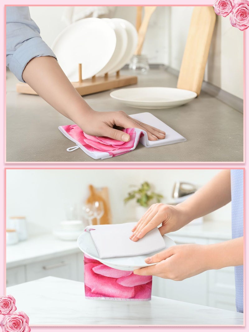 Bencailor 4 Pcs Pink Rose Kitchen Towels Flower Floral Hand Dish Towels Pink Buffalo Plaid Absorbent Dishcloth Fast Drying Decor Housewarming Gift For Women Mom Cooking Kitchen Bathroom - Image 2