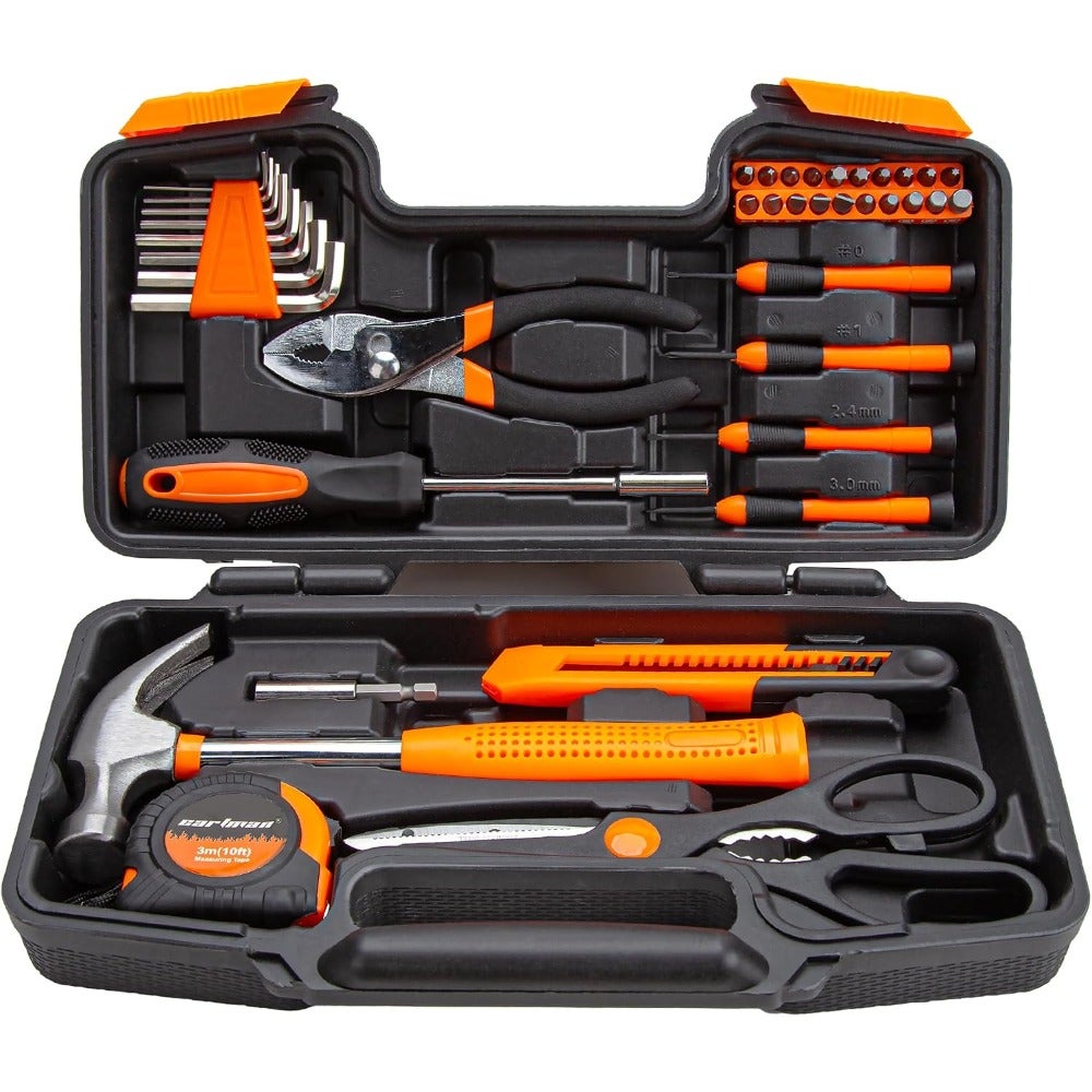 Household tool set for DIY and home repair, orange ABS plastic with durable steel tools, compact storage case included