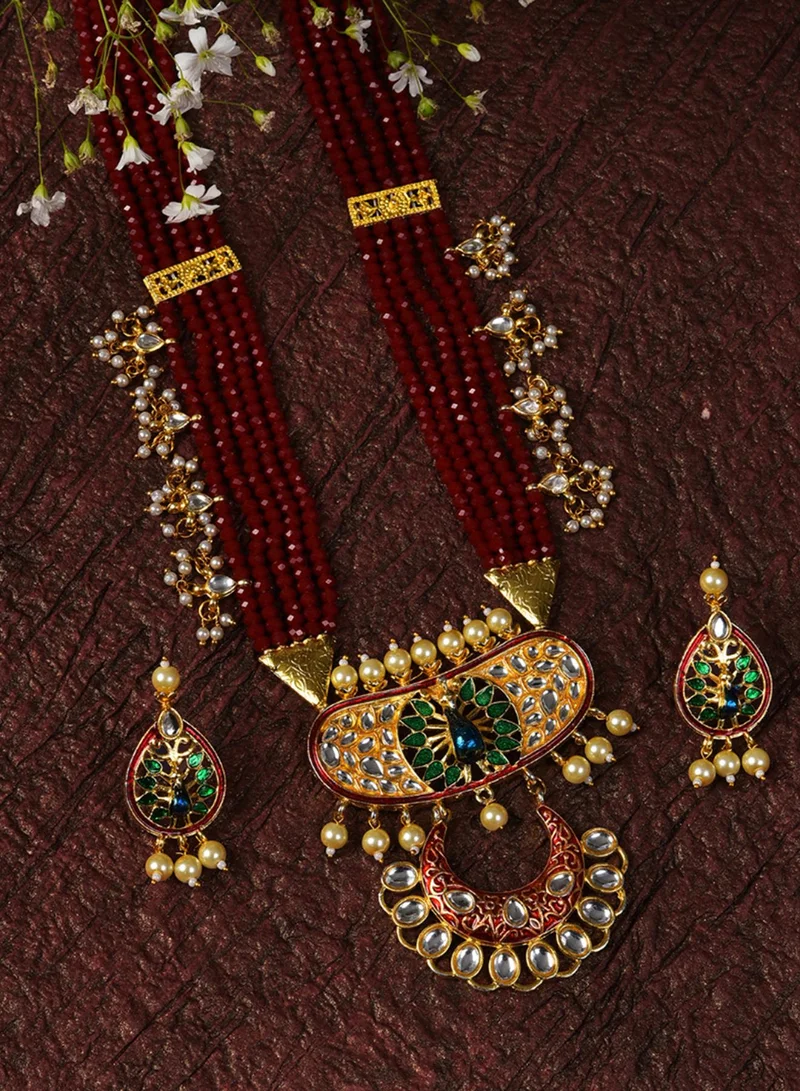 SOHI White & Maroon Stone-Studded & Pearl Beaded Artificial Jewellery Set