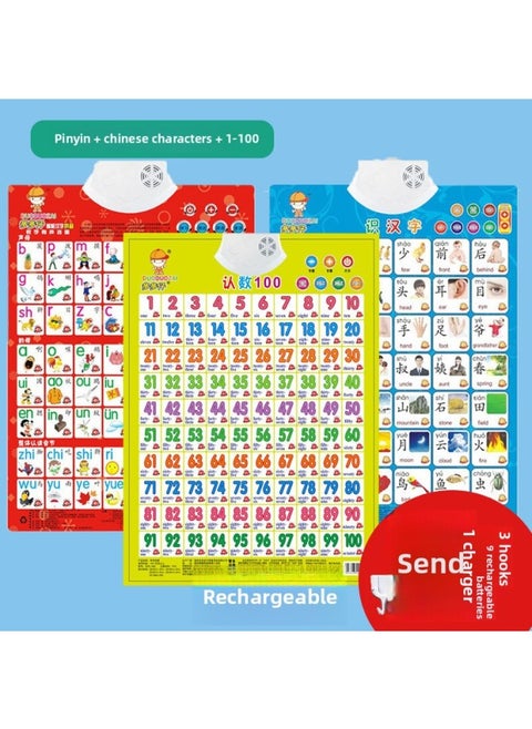Pinyin Audio Wall Chart Children's Letters First Grade Numbers 1 To 100 Understanding Letters Vowel Table Wall Stickers-Color:4 Pictures [pinyin + Chinese Characters + Strokes + Learning Mathematics]-Specifications:Durable [rechargeable Model]