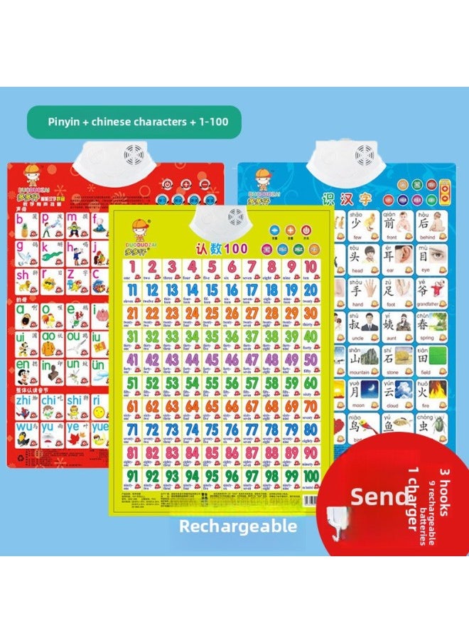 null - Pinyin Audio Wall Chart Children's Letters First Grade Numbers 1 To 100 Understanding Letters Vowel Table Wall Stickers-Color:4 Pictures [pinyin + Chinese Characters + Strokes + Learning Mathematics]-Specifications:Durable [rechargeable Model] - Image 1