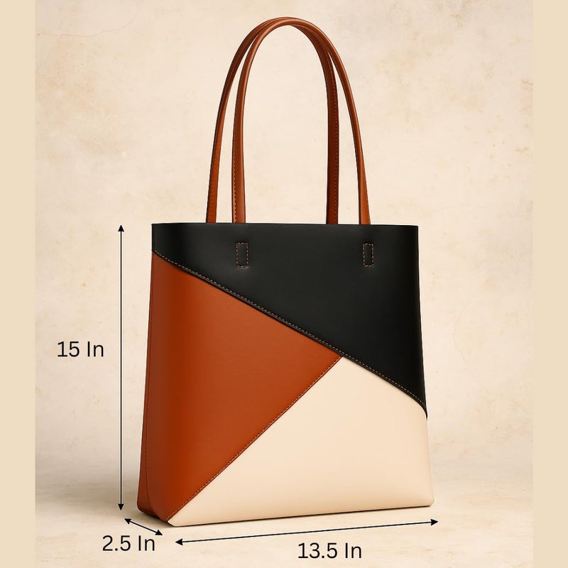 STRUTT 2 Way - Leatherette Tote Bag | Geometric Color Block Office & Travel Handbag | Spacious & Stylish Shoulder Purse for Work, Casual, College | 15" Height | Brown, Black, Beige - Image 2