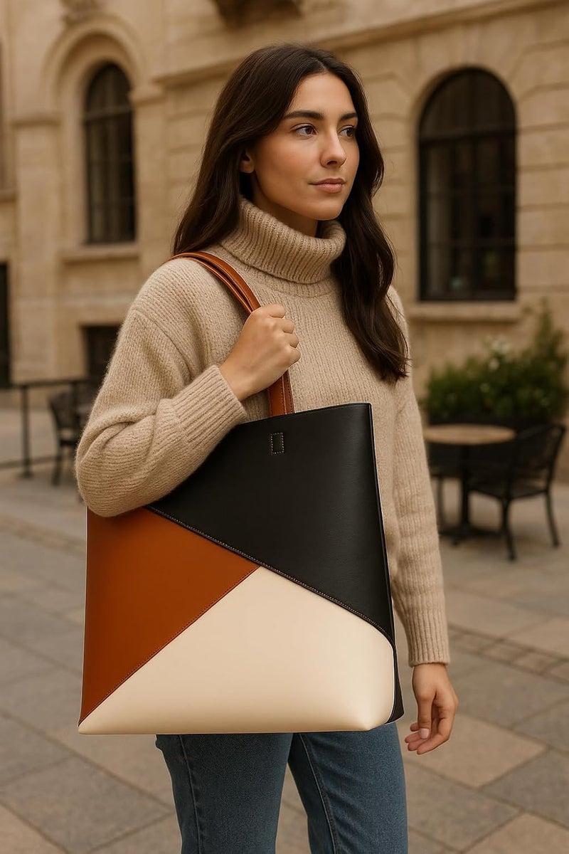 STRUTT 2 Way - Leatherette Tote Bag | Geometric Color Block Office & Travel Handbag | Spacious & Stylish Shoulder Purse for Work, Casual, College | 15" Height | Brown, Black, Beige - Image 4