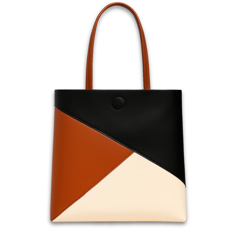 STRUTT 2 Way - Leatherette Tote Bag | Geometric Color Block Office & Travel Handbag | Spacious & Stylish Shoulder Purse for Work, Casual, College | 15" Height | Brown, Black, Beige - Image 1