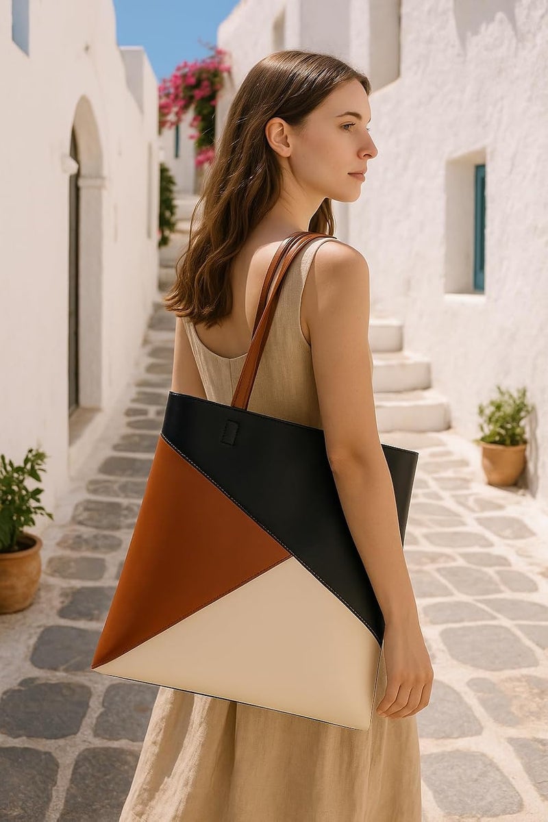 STRUTT 2 Way - Leatherette Tote Bag | Geometric Color Block Office & Travel Handbag | Spacious & Stylish Shoulder Purse for Work, Casual, College | 15" Height | Brown, Black, Beige - Image 5