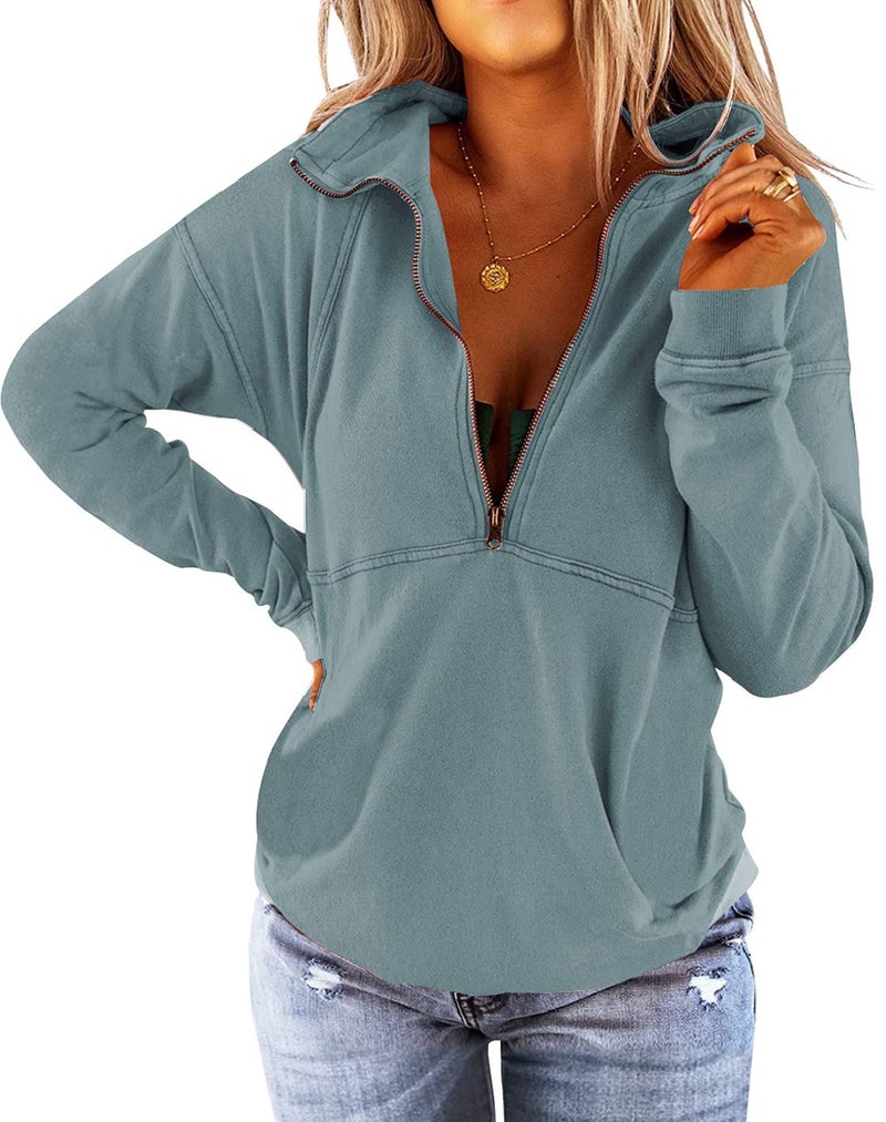Floral Find Women's Long Sleeve Lapel Half Zip Up Sweatshirt Solid Stylish Loose Fit Casual Pullover Tops Mint Green - Image 5