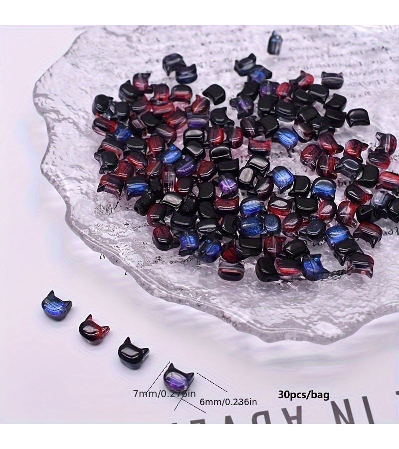 30pcs Red And Black Mix Cat Shaped Glass Beads for Jewelry Making Kitten Face Tabby Cat Charms with Round Glass Beads 7mm for DIY Handmade Bracelets Necklaces Earrings Cute Feline Beads for Cat Themed Accessories - Image 2