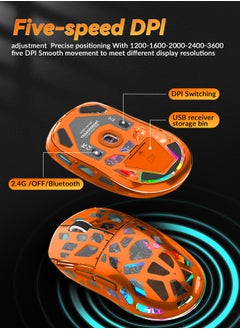 UCHUANG Wireless Gaming Mouse ,Tri-Mode PC Gaming Mice 2.4G/Bluetooth/Wired,Noiseless Mouse RGB Backlit,Transparent Shell, Multimedia Side Keys,5-Speed DPI (1200-3600),for Win/MAC,Orange  - Image 3