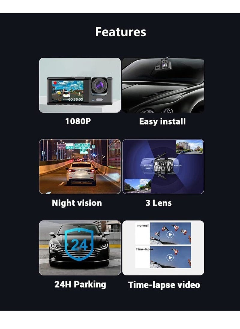 JAJEEK "NEW 3-Channel Car Dash Camera – 130° Wide Angle, 1296x1080P Front, Inside & Rear Cameras"  - Image 5