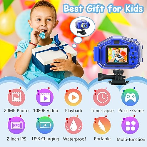 Agoigo Kids Waterproof Camera Children Underwater HD Video Digital Camcorder Portable Travel Toy for Toddler Ideal Christmas Birthday Gifts for Boys Girls Age 312 with 32GB Card Dark Blue - Image 5