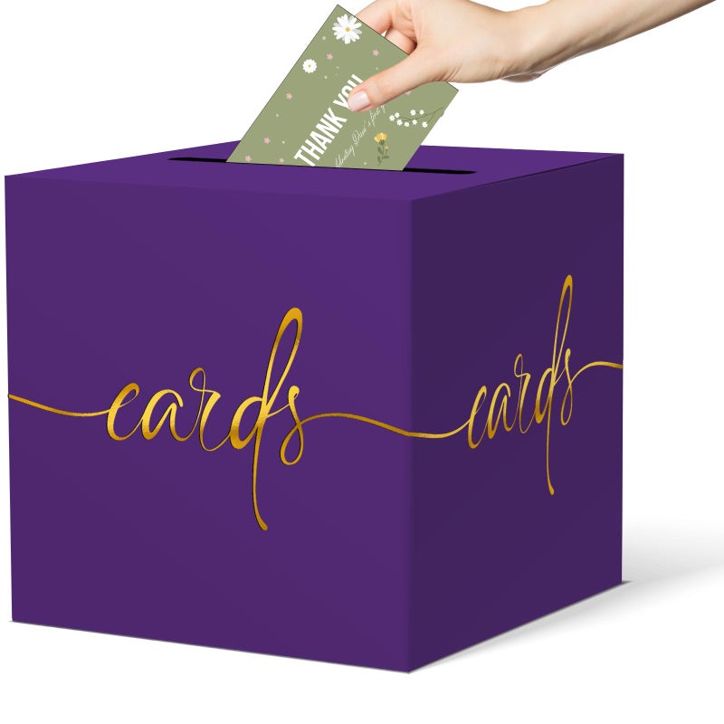 CINSOEN Purple Card Box with Gold Foil Design, Paperboard 8.7" Card Box for Birthday Wedding Party Graduation Retirement Anniversary Valentine's Day & Baby Showers, Raffle or Money Box - Image 1