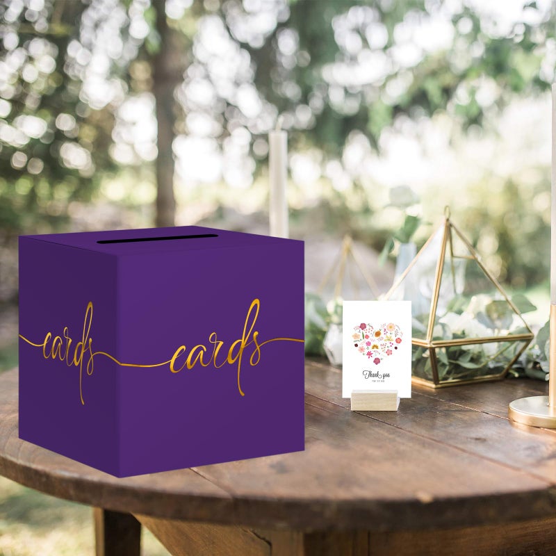 CINSOEN Purple Card Box with Gold Foil Design, Paperboard 8.7" Card Box for Birthday Wedding Party Graduation Retirement Anniversary Valentine's Day & Baby Showers, Raffle or Money Box - Image 2