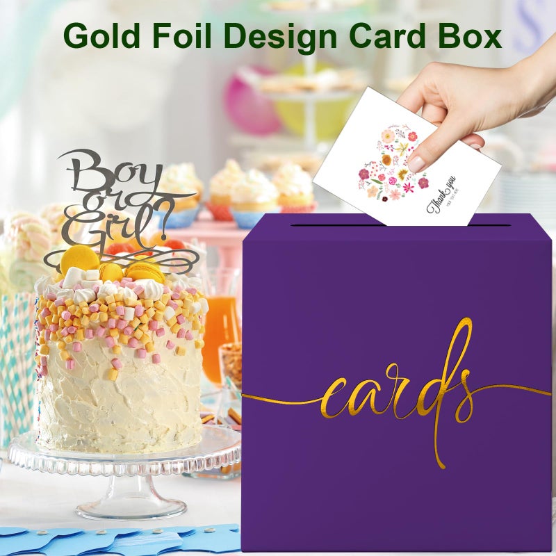 CINSOEN Purple Card Box with Gold Foil Design, Paperboard 8.7" Card Box for Birthday Wedding Party Graduation Retirement Anniversary Valentine's Day & Baby Showers, Raffle or Money Box - Image 4