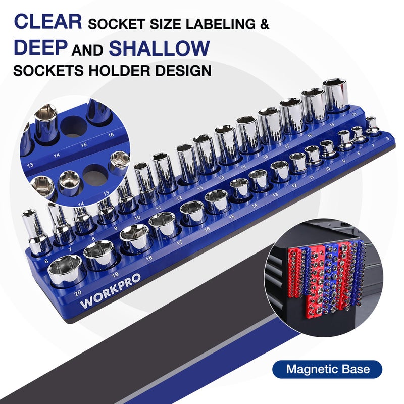WORKPRO Magnetic Socket Organizer Set, 6-Piece Socket Holder Set Includes 1/4", 3/8", 1/2" Drive Metric SAE Socket Trays, Holds 143 Pieces Standard Size and Deep Size Sockets(Socket not Included) - Image 5