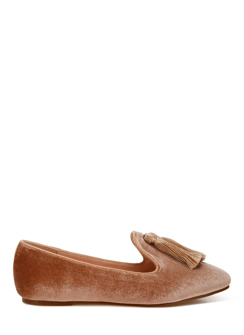 London Rag Iconic Tassel Detail Velvet Loafers in Beige Brown  - Image 1