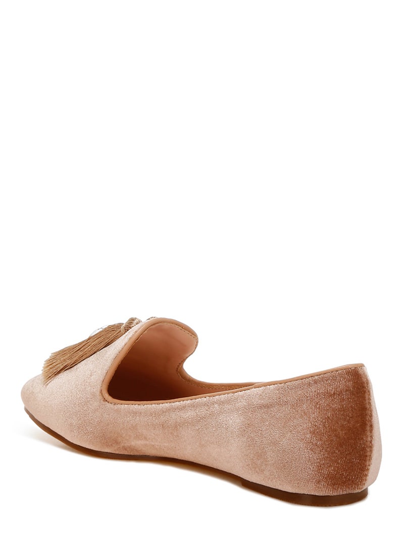 London Rag Iconic Tassel Detail Velvet Loafers in Beige Brown  - Image 3