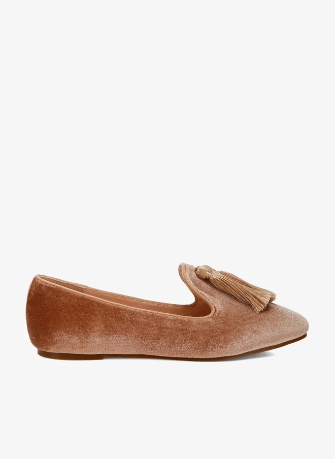 London Rag Iconic Tassel Detail Velvet Loafers in Beige Brown